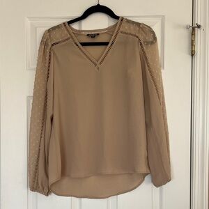 Express Beige V-Neck Blouse with Sheer Polka Dot Sleeves